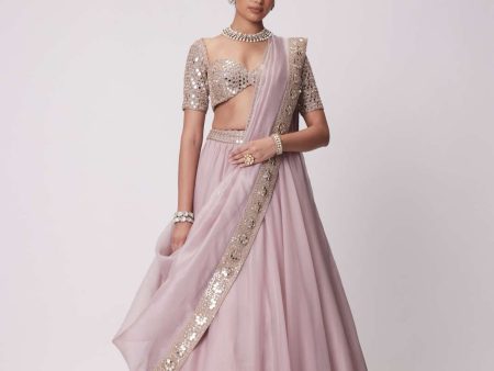 ASH PINK FLOWER BORDER ORGANZA LEHENGA SET For Sale