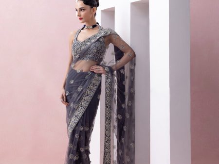 AEGEAN BLUE TULLE SARI WITH ORGANZA BORDER AND RAZORBACK BLOUSE For Cheap