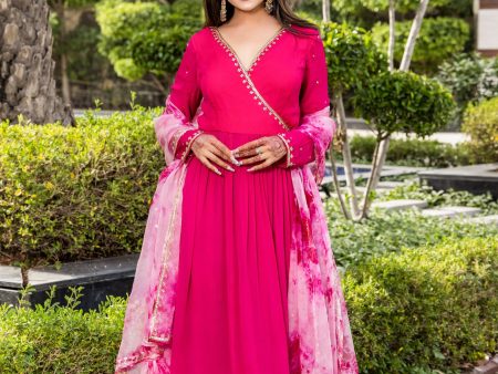 Angana -Rani pink angrakha suit with tie and dye dupatta For Discount